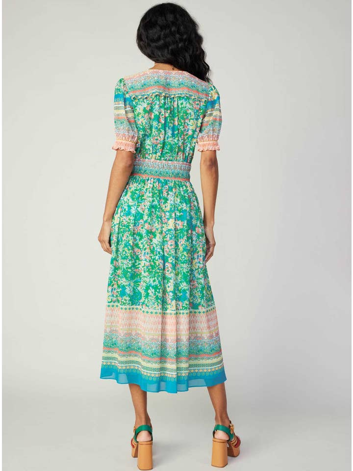 Green Multi Floral Border Print Surplice Midi Dress for wholesale on Faire3