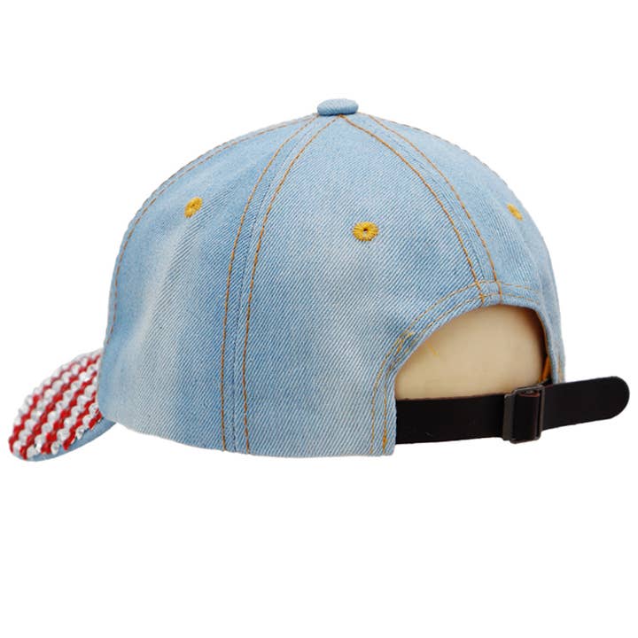 Cap Zone - Wholesale Baseball Cap - Women's - USA American Flag Bling Rhinestone Denim Cap