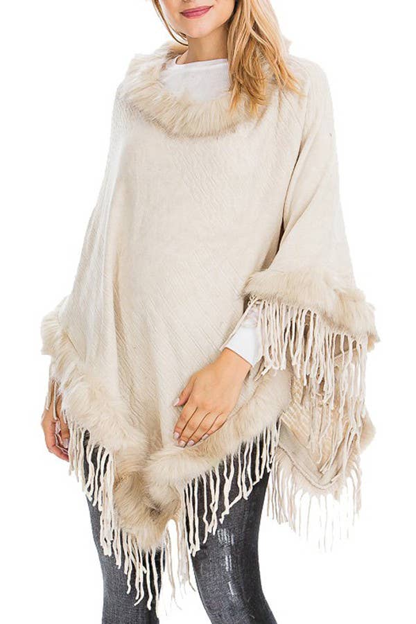 Cap Zone – wholesale Poncho – Women's – Faux Fur Lined Fringe Trim Pullover Poncho3