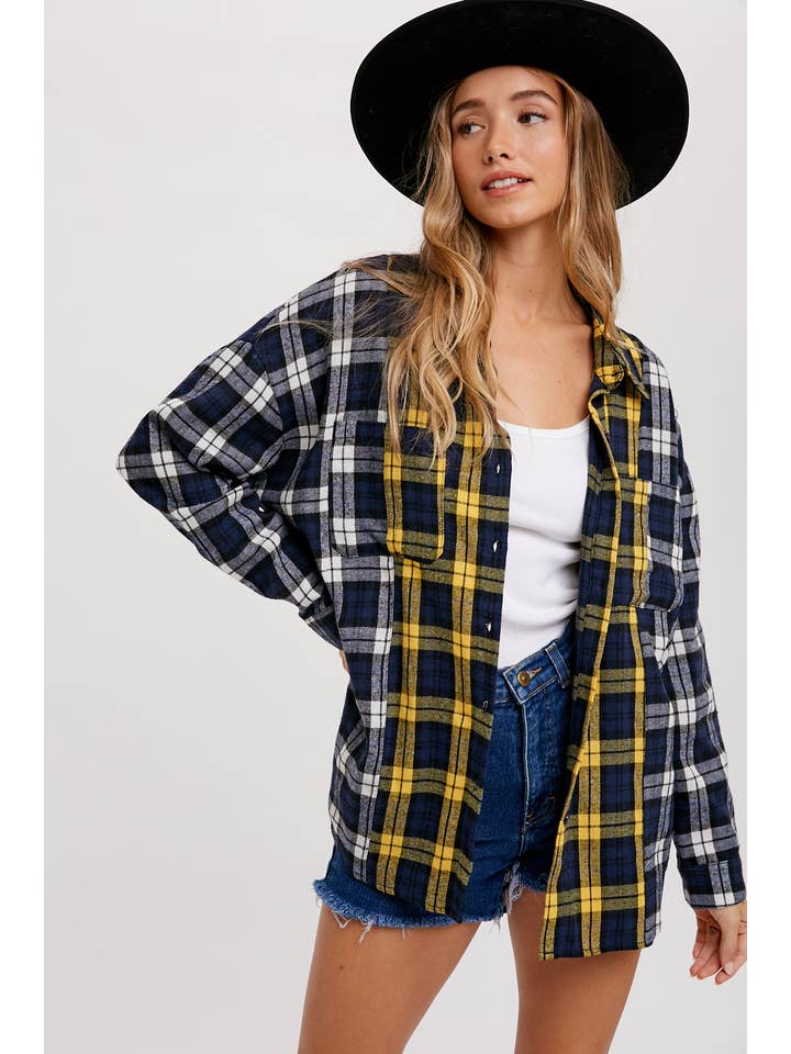 Bluivy - Wholesale Button Down Shirt - Women's - OVERSIZED COLOR BLOCK FLANNEL SHIRT