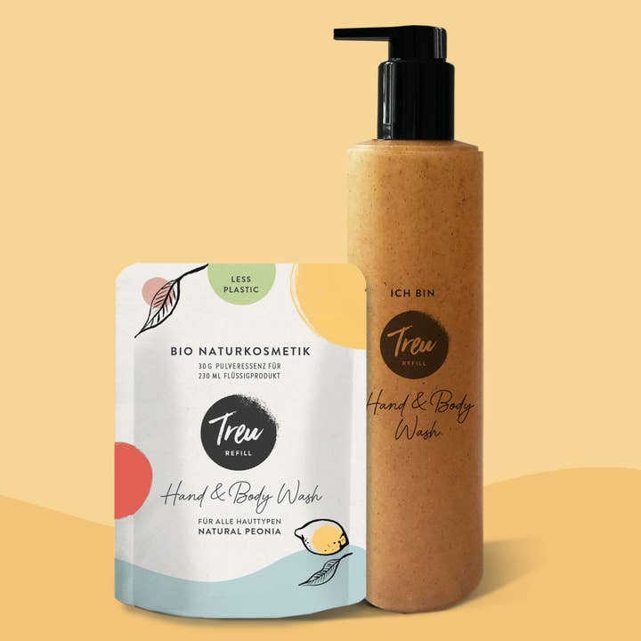Bio Naturkosmetik Hand & Body Wash in Pulverform mit Flasche für den Großhandel von Treu-Refill