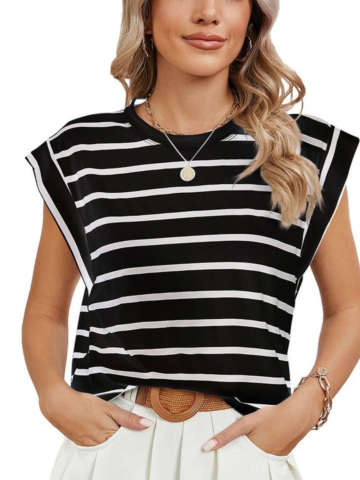 NINEXIS - Wholesale T-Shirt - Women's - CWTBLS0865_ROUND NECK STRIPED RAGLAN SLEEVE T-SHIR
