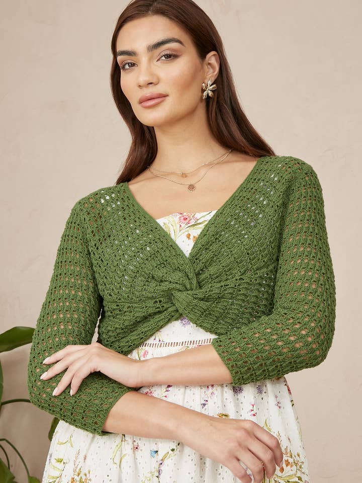 Yumi Green Cotton Crochet Twisted Bolero Top for wholesale by Yumi