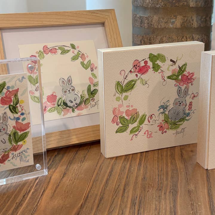 Handgemalter Hasenkranz Aquarell, 5x5 für den Großhandel von Paper Shells Studio