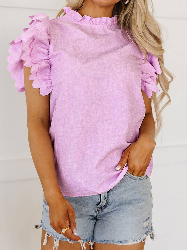 Solid Color Scalloped Ruffle Sleeve Top for wholesale by PartyEight