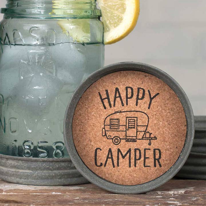 Set of Four Mason Jar Lid Coasters - Happy Camper for wholesale by CTW Home Collection