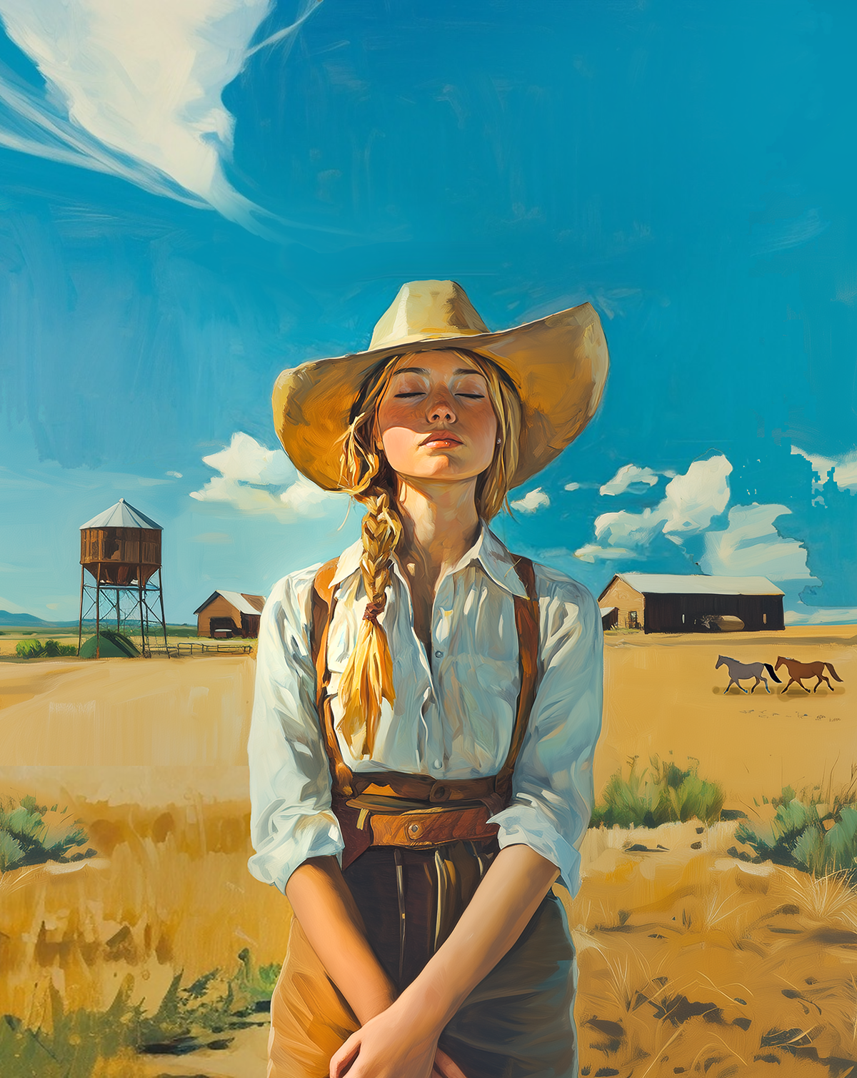 Mowbi – Impressão artística por atacado – Impressão artística "Cowgirl Absorvendo a Luz da Manhã" - Impressões de Arte Western de Cowgirl 20x25 cm para Moldura de 28x36 cm0