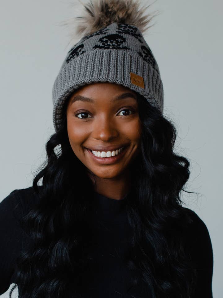 Gray Skull Pattern Pom Hat for wholesale by Panache Apparel Co.