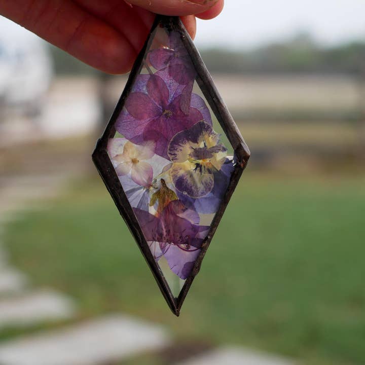 Pressed flower ornament, hand soldered pressed flower ornament diamond for wholesale by Remedy Designs