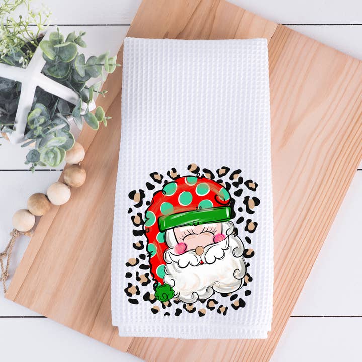 Leopard Santa Christmas Waffle Weave Kitchen Dish Towel for wholesale by Painted Skies