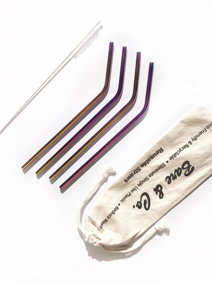 Genanvendelige Rainbow Straws - Bent (4 Pack med Bonus Cleaner) for engroshandel hos Bare & Co.