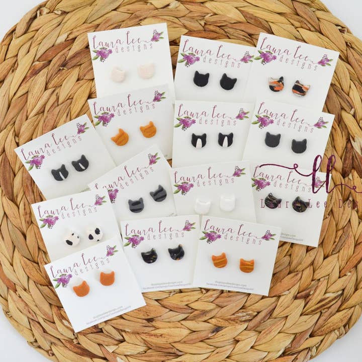 Orecchini a bottone in argilla con testa di gatto || Scegli il colore per la vendita all'ingrosso da parte di Laura Lee Designs