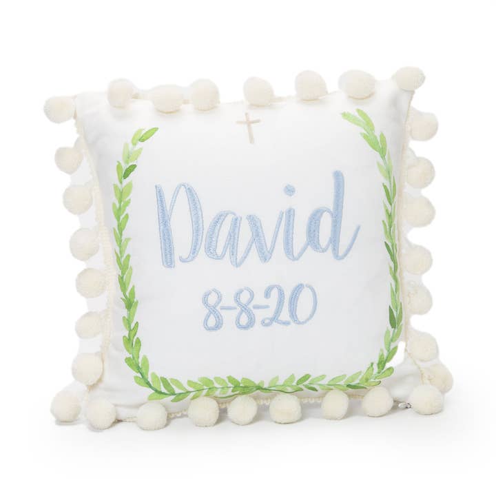 Laurel Wreath Mini Pom Pom Pillow for wholesale by Over the Moon Gift