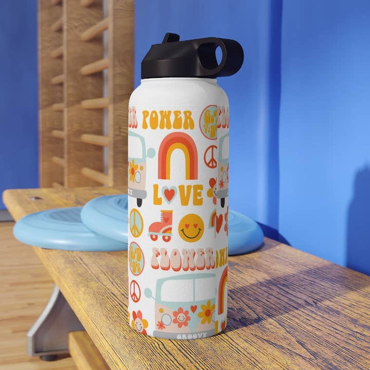 Flower Power Groovy Retro rostfritt stål vattenflaska, Standard lock för wholesale av LimenDime Market