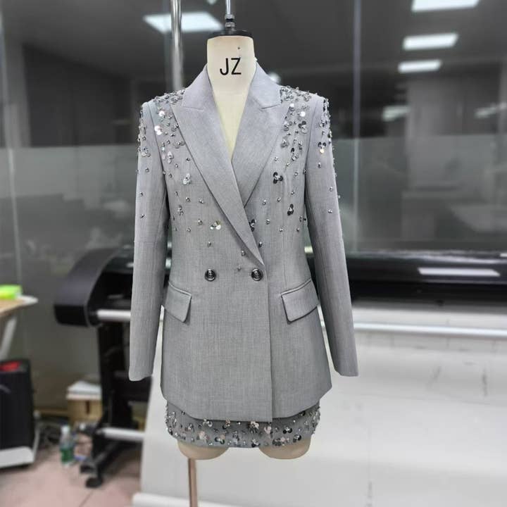 Color as pictures SET-12Y Gray Sequin Beaded Blazer and Skirt Two-Piece Suit for wholesale on Faire