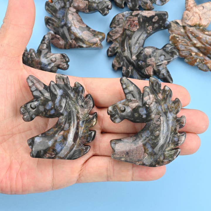 2" Natural Llanite Blue Que Sera Unicorn Gemstone Figurine for wholesale by ilovebeadsusa