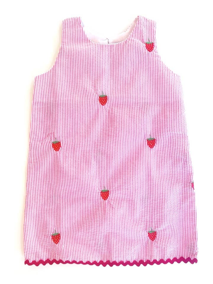 Piping Prints - Wholesale Dress - Kids - Pink Seersucker Girls Dress with Red Strawberries