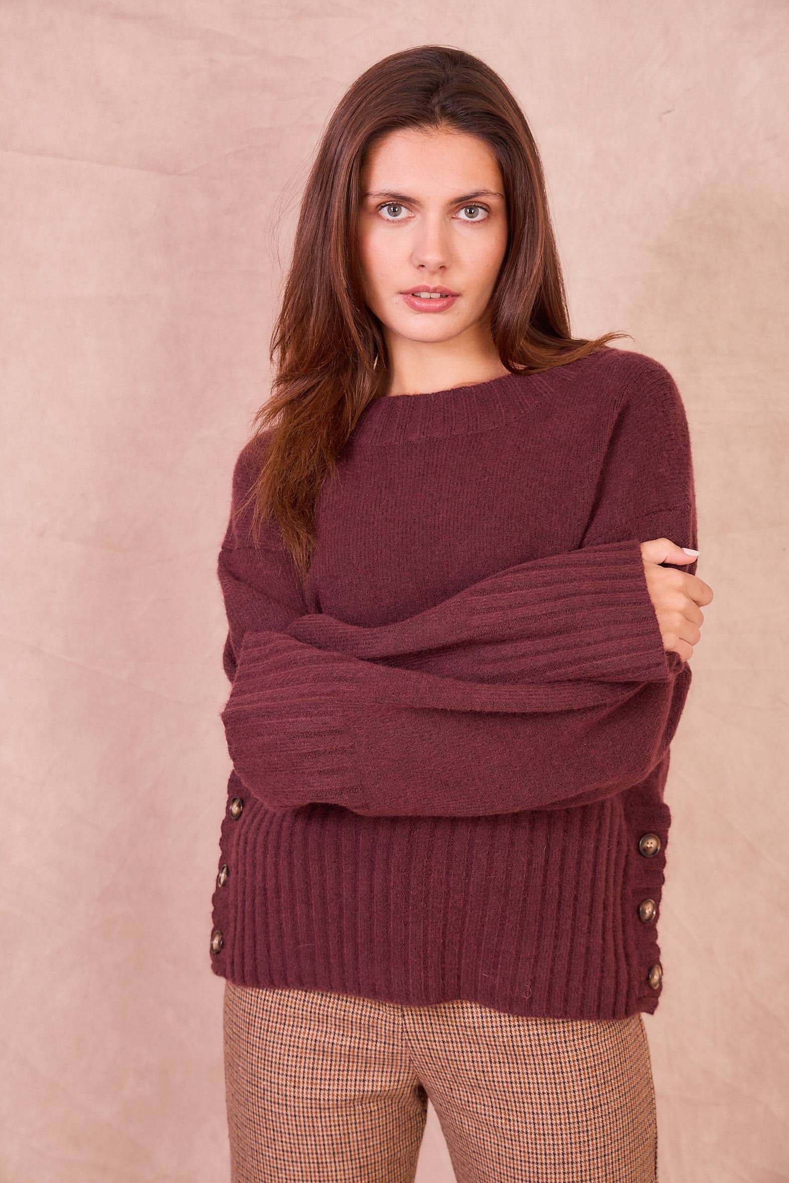 Calie Paris - Wholesale Knit Sweater - Women's - NATI – Button-Side Wool Blend Knit11