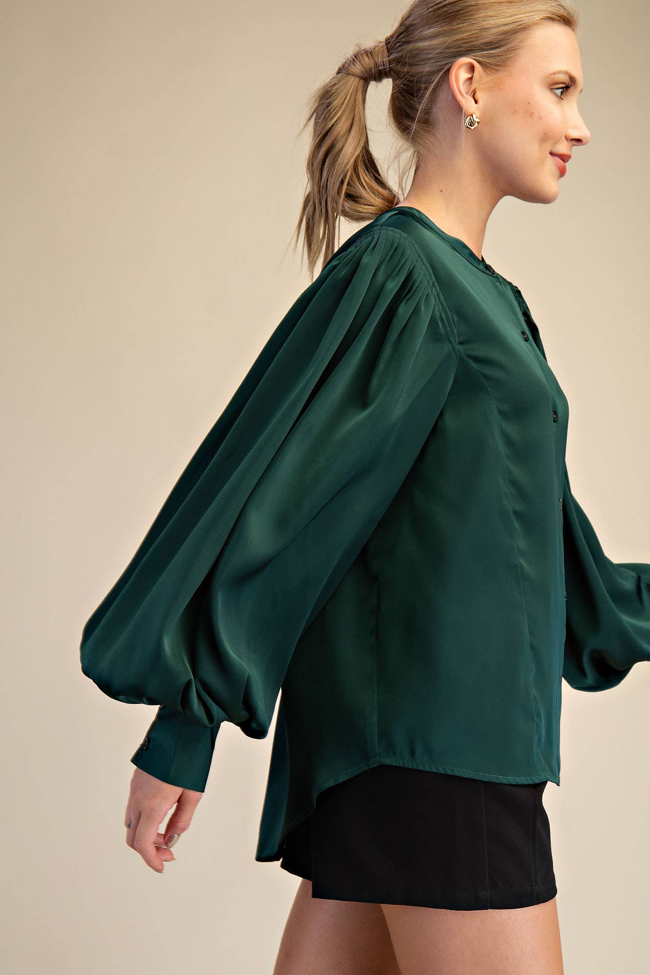 Glam - Wholesale Blouse - Women's - Round Neck Button Down Puff Long Sleeve Satin Top3