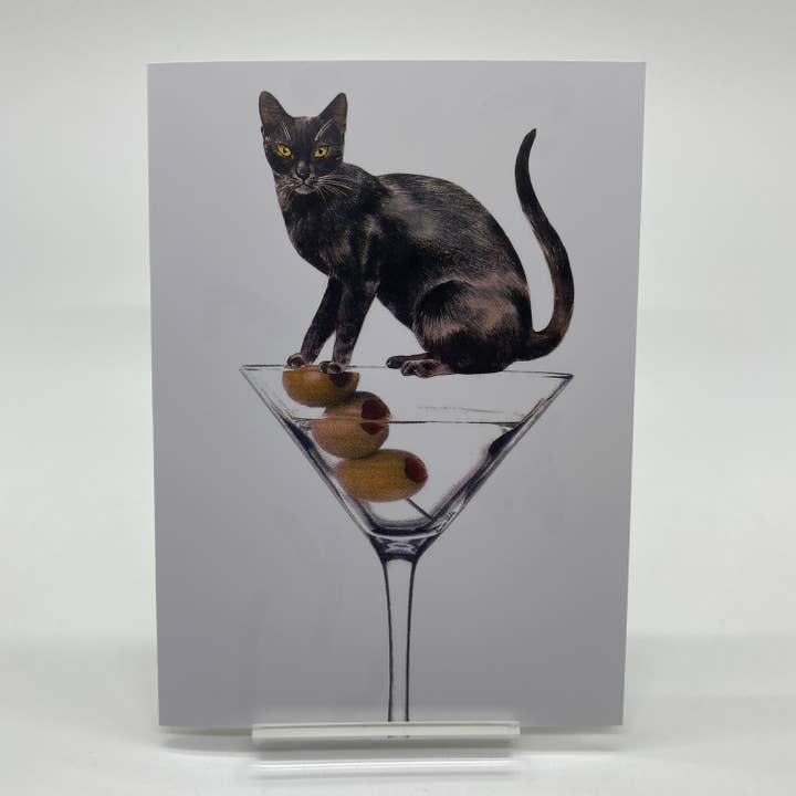 Black Cat on Martini Glass Card for wholesale by Maureen Shields