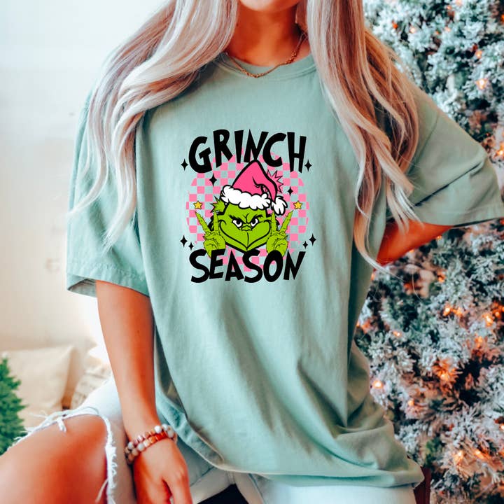 Preppy Grinch Checker Comfort Colors Tee Christmas Tees for wholesale by Gia Gifts Boutique