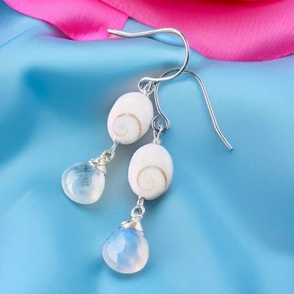 Eye Of Shiva Shell And Rainbow Moonstone Earrings // For Protection & Healing // Wire Wrapped Hawaiian Jewelry // Handmade With Love for wholesale by Treehouse Jewelry Hawaii