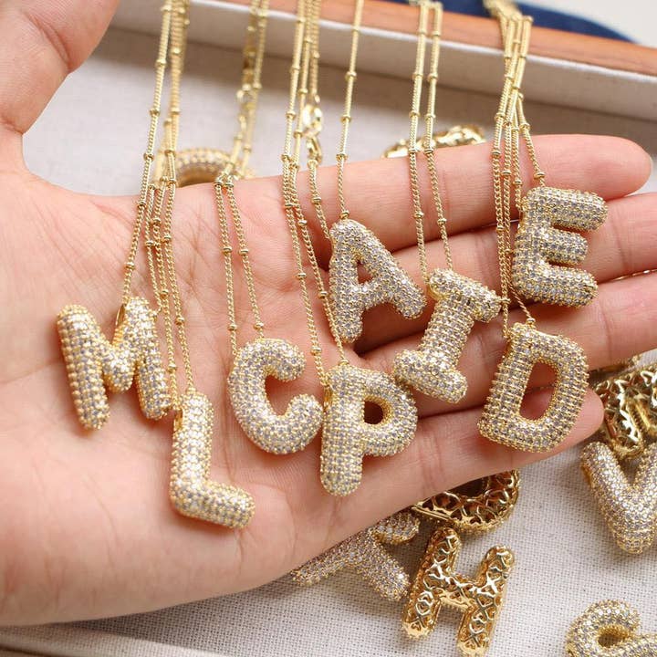 The Classy Cloth WS - Wholesale Pendant/Charm Necklace - Jeweled Cz Bubble Letter Initial Necklace - Gold RTS27