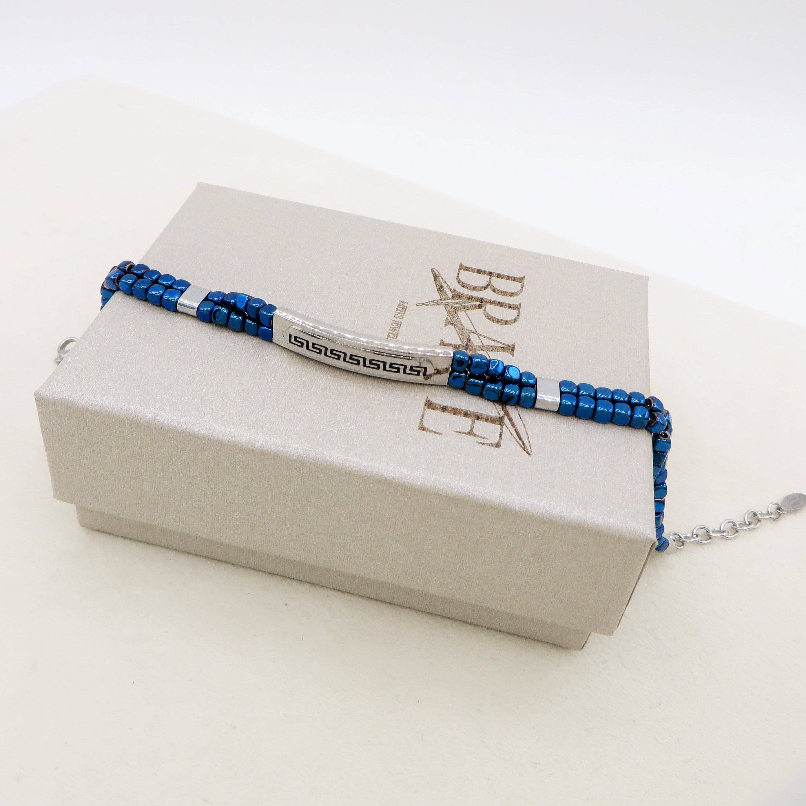 ARES Bracciale uomo  Targhetta con greche e cubetti in ematite BLU  -  ACCIAIO INOSSIDABILE for wholesale on Faire1