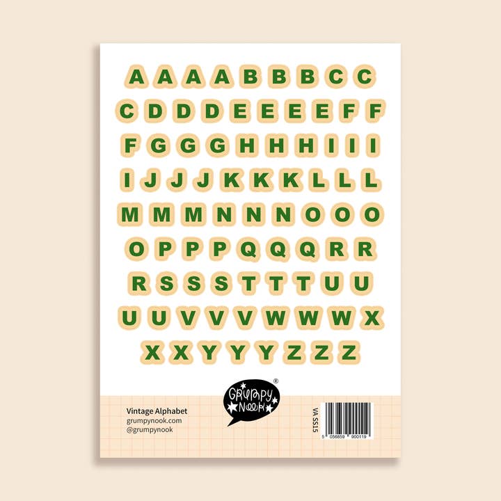 Vintage Alphabet Sticker Sheet for wholesale by Grumpy Nook