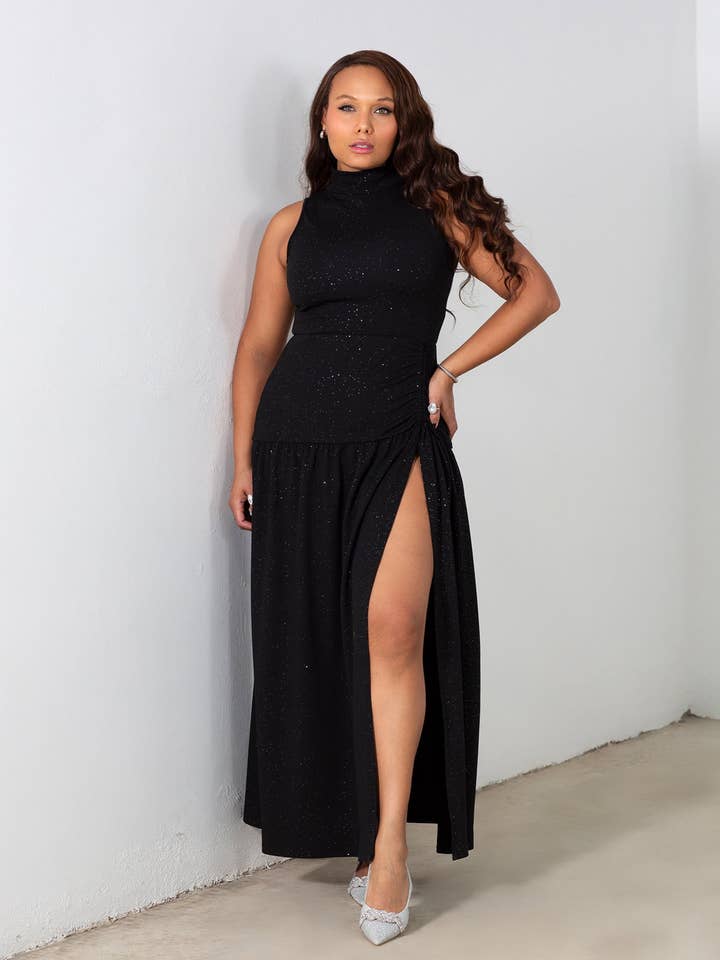 Denise High Slit Shiny Maxi Gown for wholesale by REBDOLLS