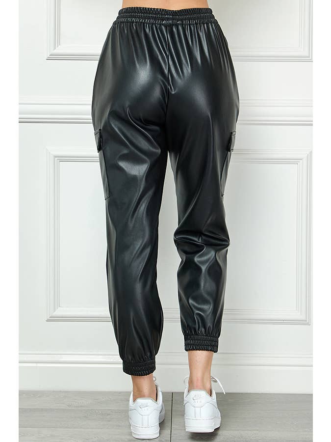 Veracci - Wholesale Pants - Women's - High Waisted Faux Leather Cargo Jogger Pants8