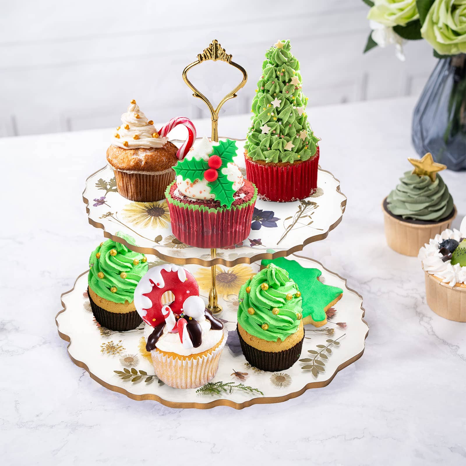 The Wine Savant /  Khen Glassware - Wholesale Cake stand - Floral Cupcake & Cake Dessert Stand, Resin Flower Tower 6