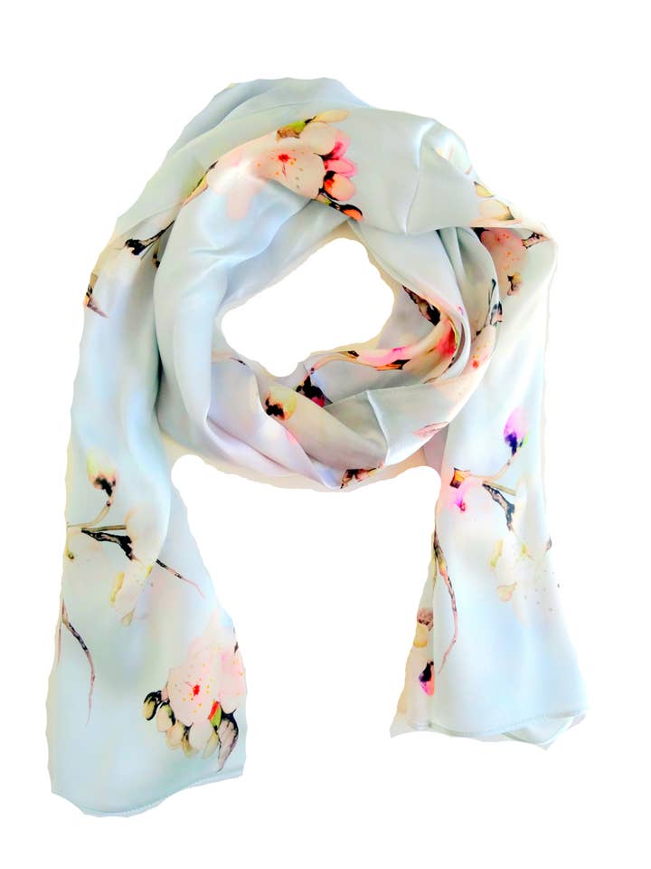 Pastel Floral Silk Scarf - Light Blue Spring - Satin for Her for wholesale by Silk Squirrel