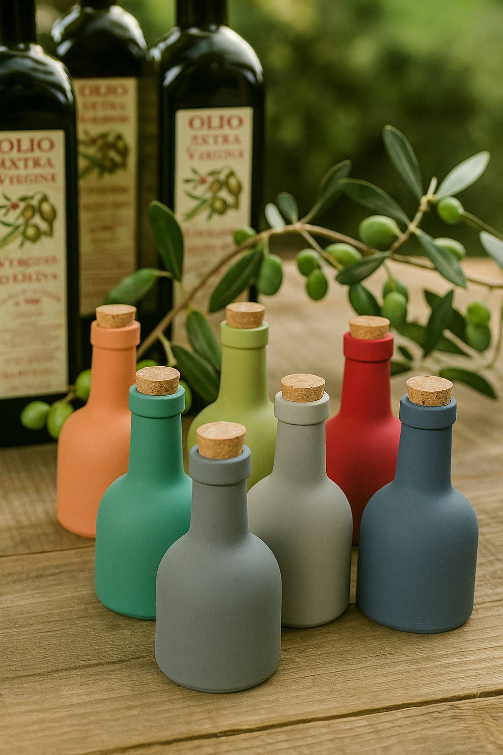 VdE Tivoli 1996 – Engroshandel Olie- og eddikedispenser – Unik olieflaske i matte farver med kork, 400 ml, 6 assorterede farver7