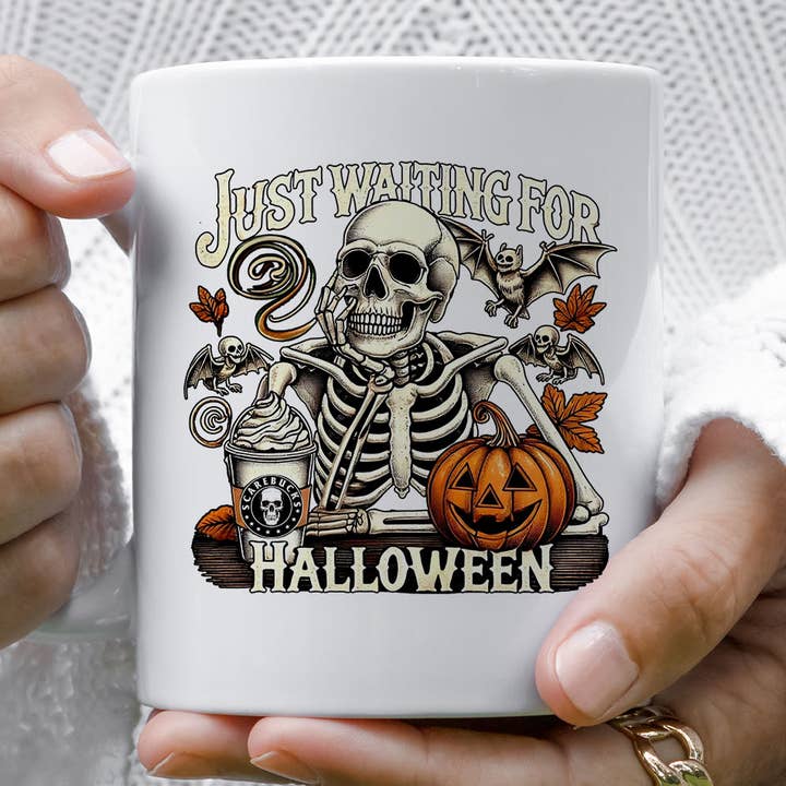 Just Waiting For Halloween Skeleton Coffee Horror Coffee Mug for wholesale by Sister Ray