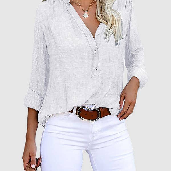 Camicette e camicie larghe con scollo a V a maniche lunghe in tinta unita con tasche con bottoni per la vendita all'ingrosso da parte di UZ Wholesale Store