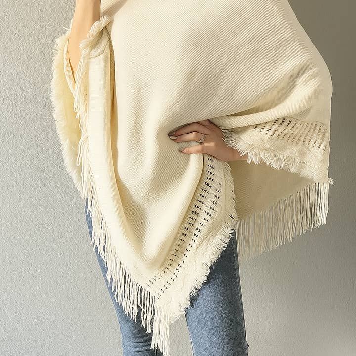 Ivory Knit Fringed Hooded Poncho for wholesale by Fennco Styles
