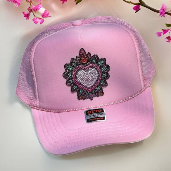 Heart of Flame Rhinestone Trucker Hat Exclusive - Pink for wholesale by Maida Designs