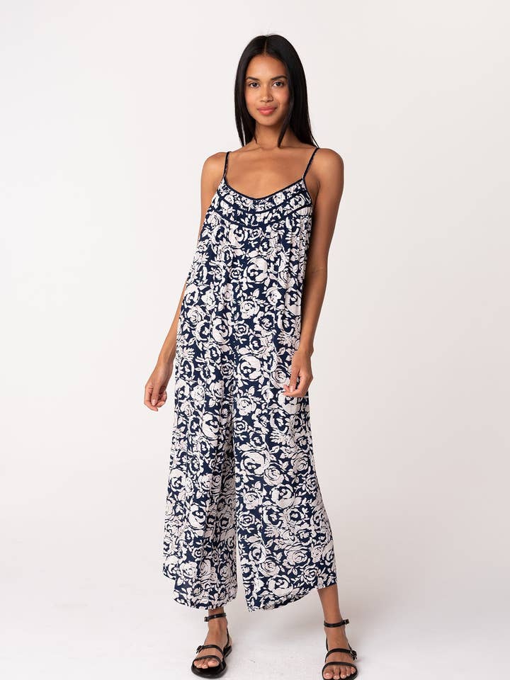 Navy Natural Floral Printed Sleeveless Scoop Neck Jumpsuit for wholesale on Faire
