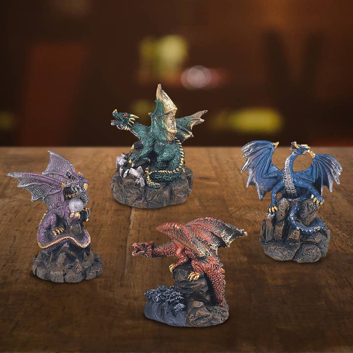 4-PC Green, Blue, Red, Purple Dragons 3"H Figurine Style 2 for wholesale by FC Design