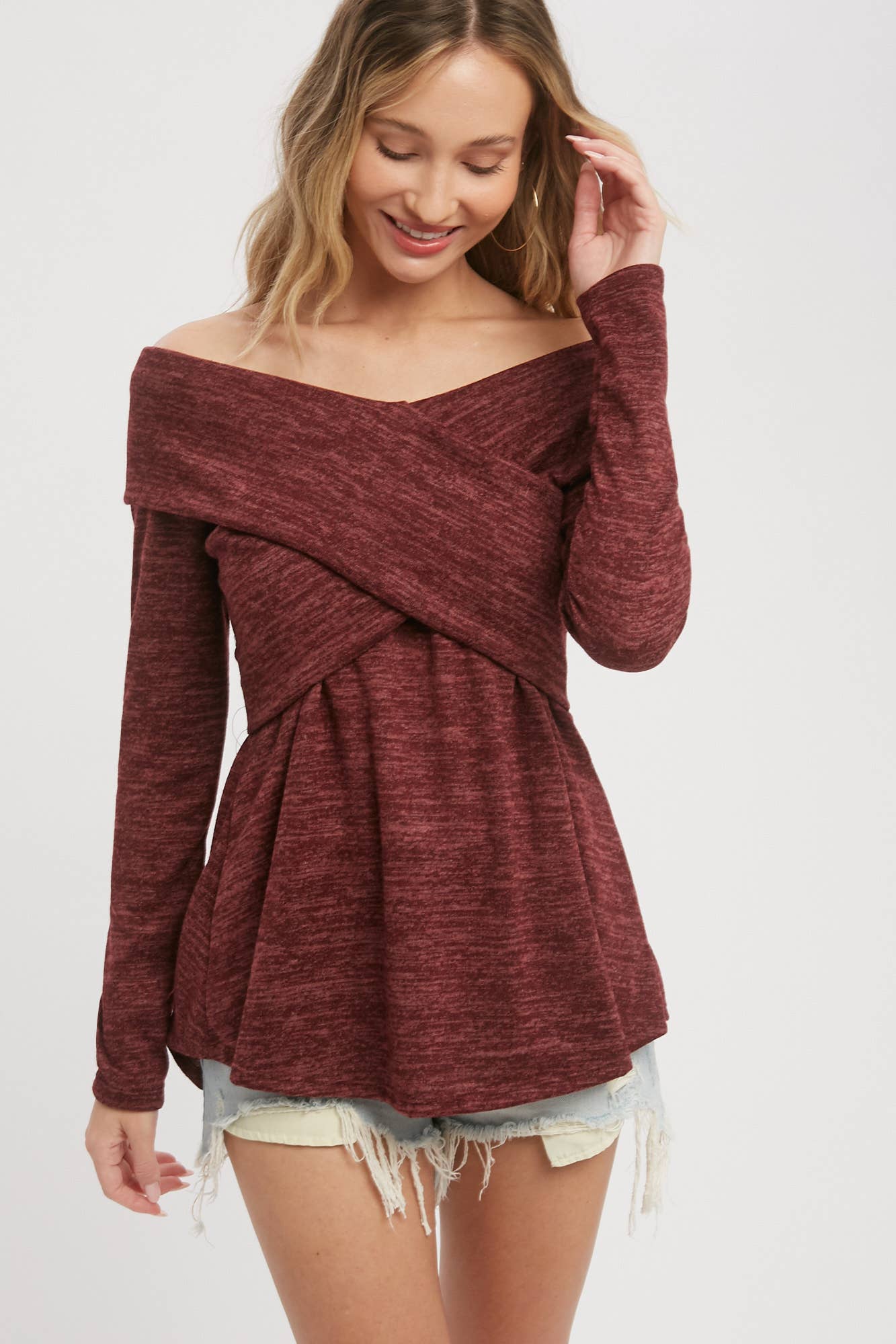 Bluivy - Wholesale Knit Top - Women's - MARLED KNIT CROSSOVER OFF SHOULDER TOP22