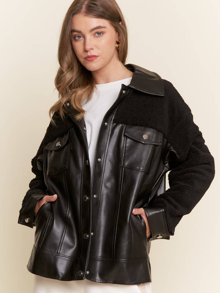 Black Faux Leather Sherpa Teddy Jacket for wholesale by J.NNA
