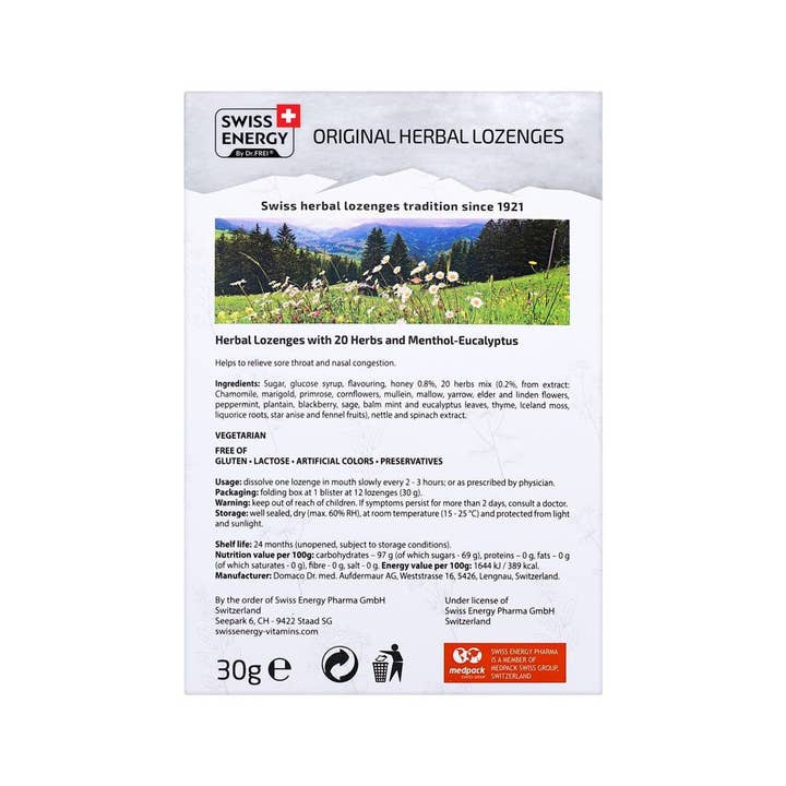 SwissHerbs Pharma GmbH - Vendita all'ingrosso Caramelle per la tosse - Swiss Energy, Eucalipto e Mentolo, 20 Erbe Alpine - Pastiglie Originali alle Erbe2