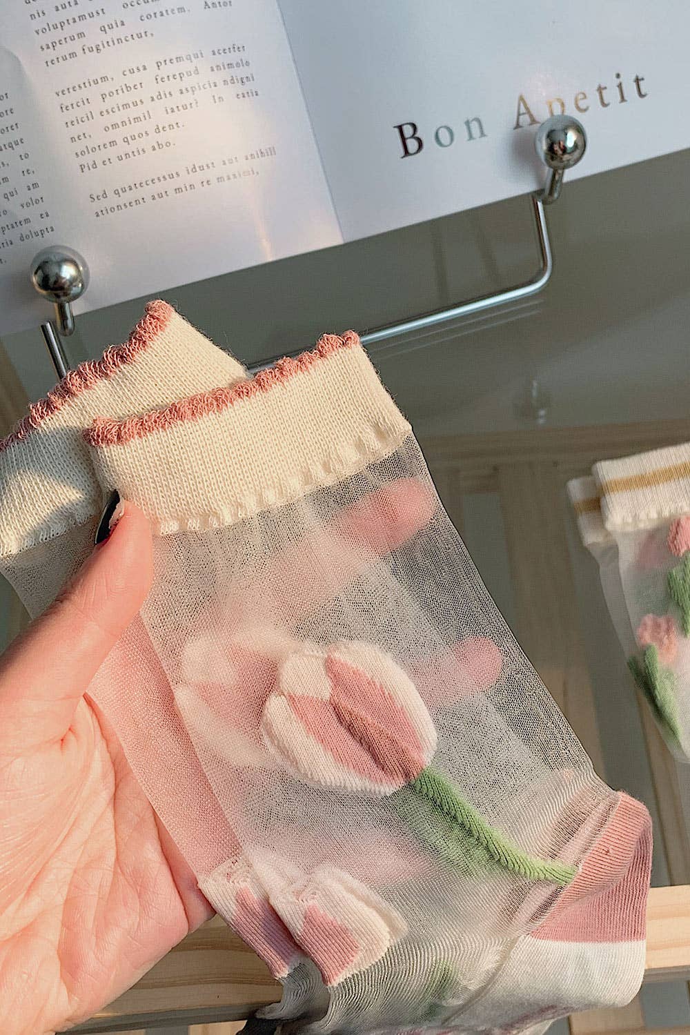 Rose 🌷 Transparent stocking socks with embroidered tulips 🌷 for wholesale on Faire3