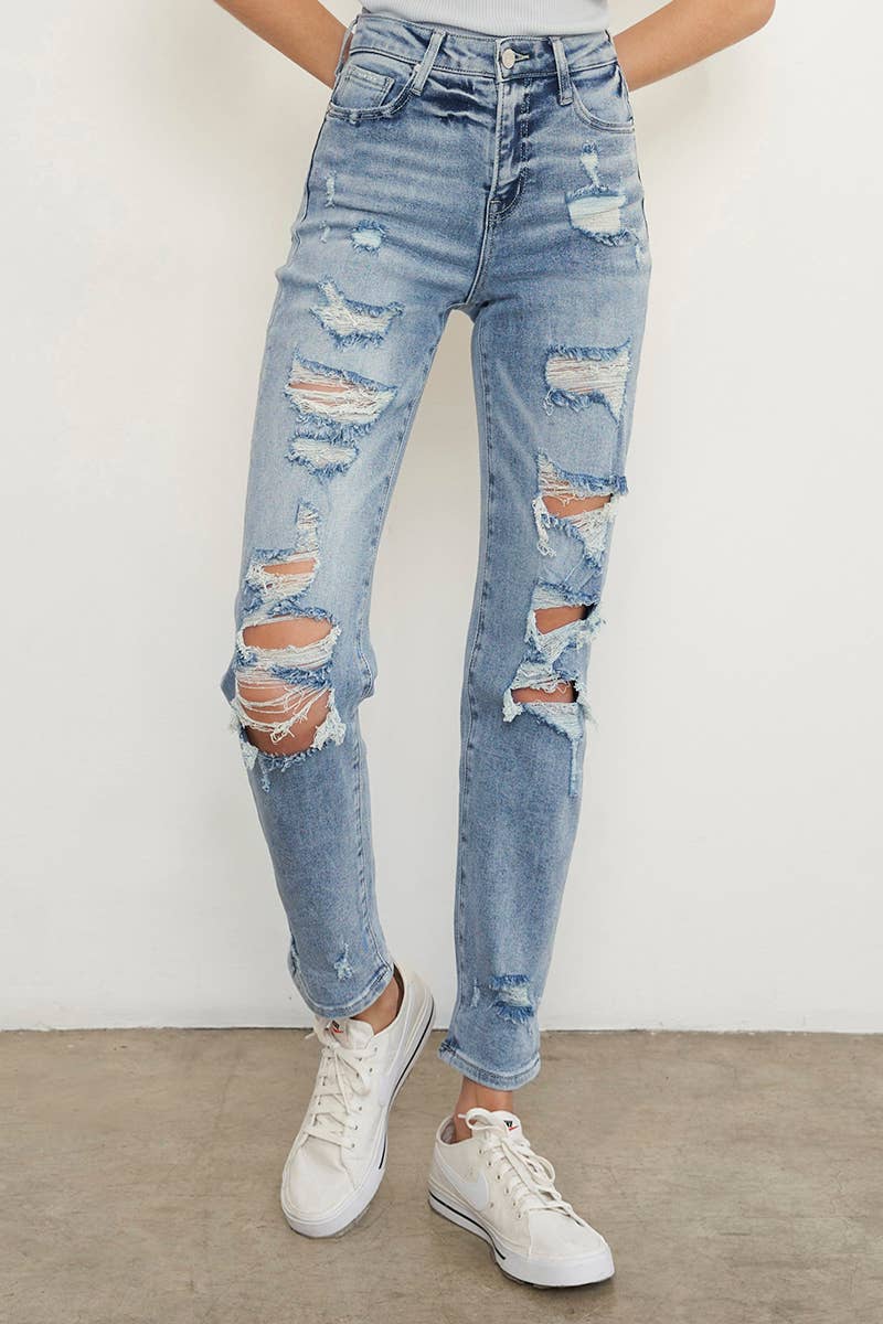 Insane Gene USA - Venta al por mayor Vaqueros - Mujer - Vaqueros Tobilleros Girlfriend de Tiro Medio Rasgados - Lavado Claro7