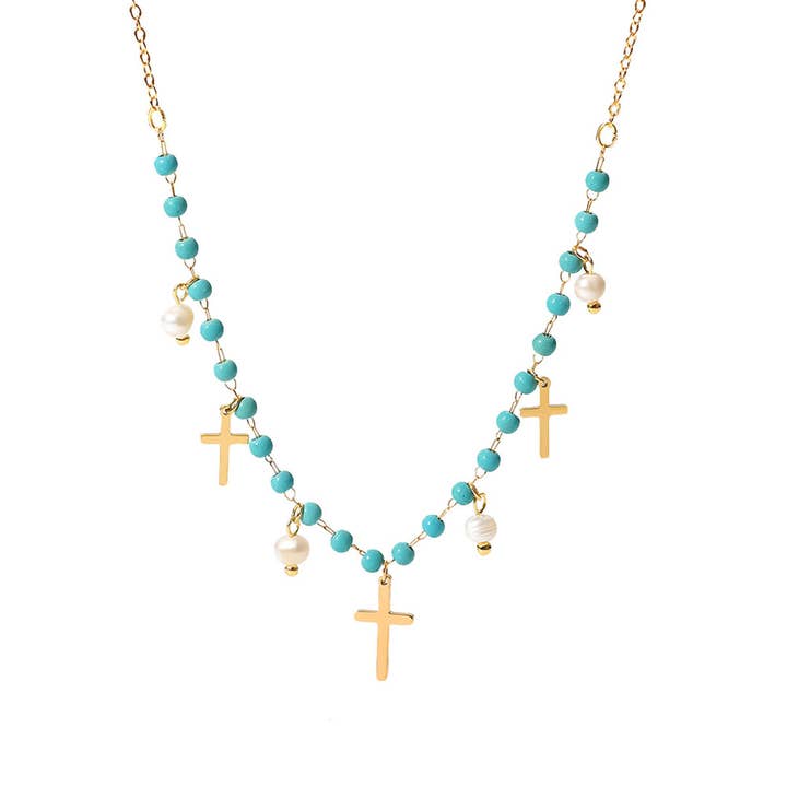 TYPE FRENCH TURQUOISE CROSS PENDANT NECKLACE_CWAJE0616 for wholesale on Faire6