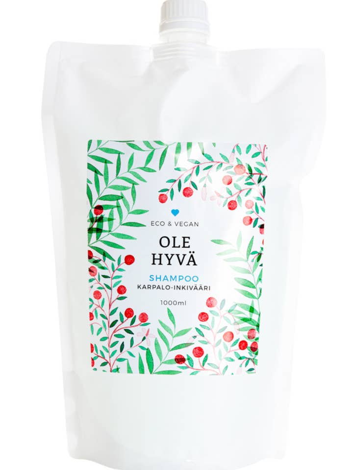 Sacchetto di ricarica per shampoo allo zenzero e mirtillo rosso 1000 ml per la vendita all'ingrosso da parte di Ole Hyvä Metsä