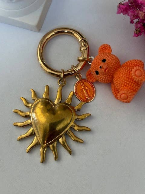 Sun charms religious medal, sun bear keychain, gift for mom bear, gift for woman heart sun, religious medal charm for wholesale by Miss DJ Angel