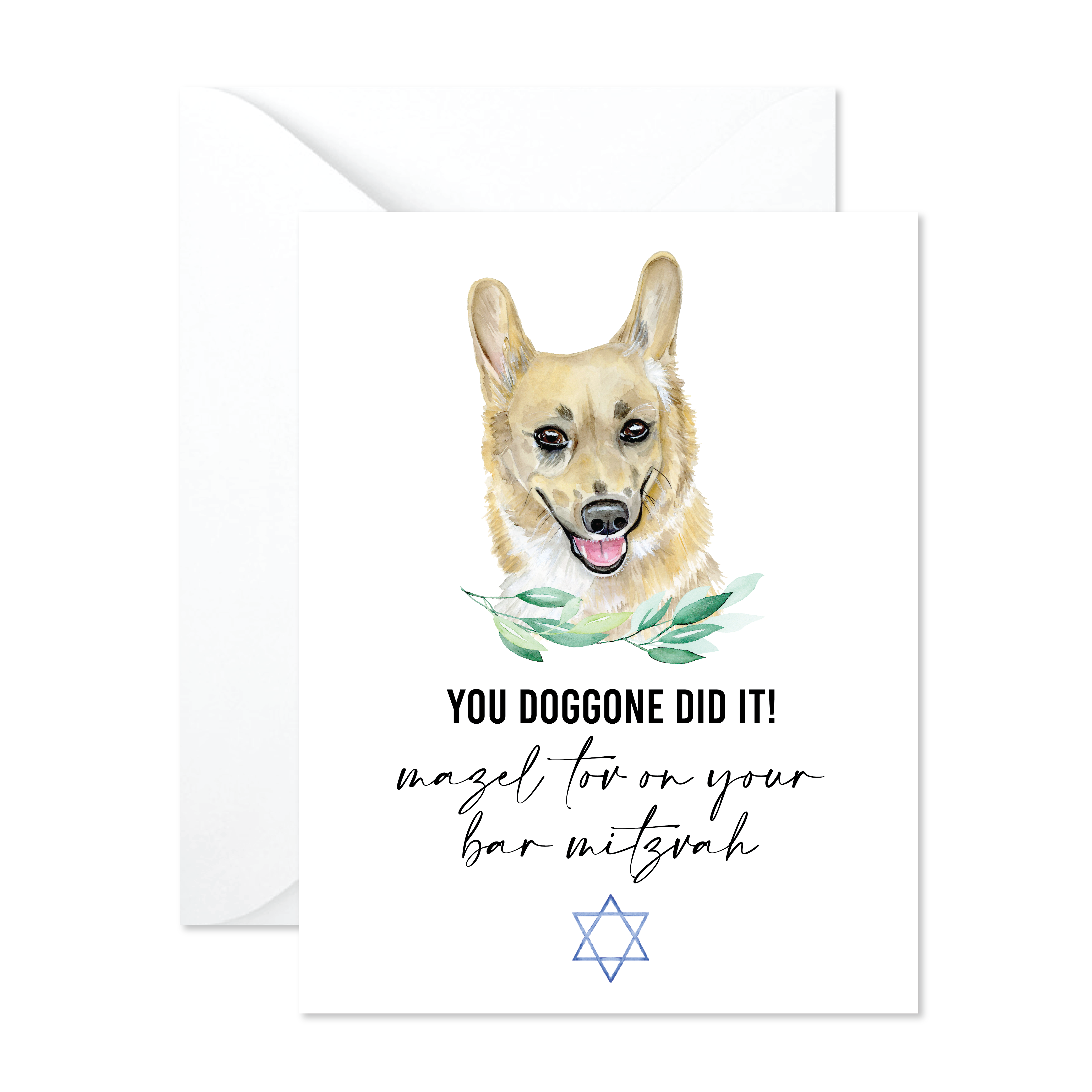 Slate + Brush Design Studio - Venta al por mayor Tarjetas de bar mitzvá o bat mitzvá - Tarjeta de bar y bat mitzvah de Corgi, tarjetas judías, mitzvá para perros1
