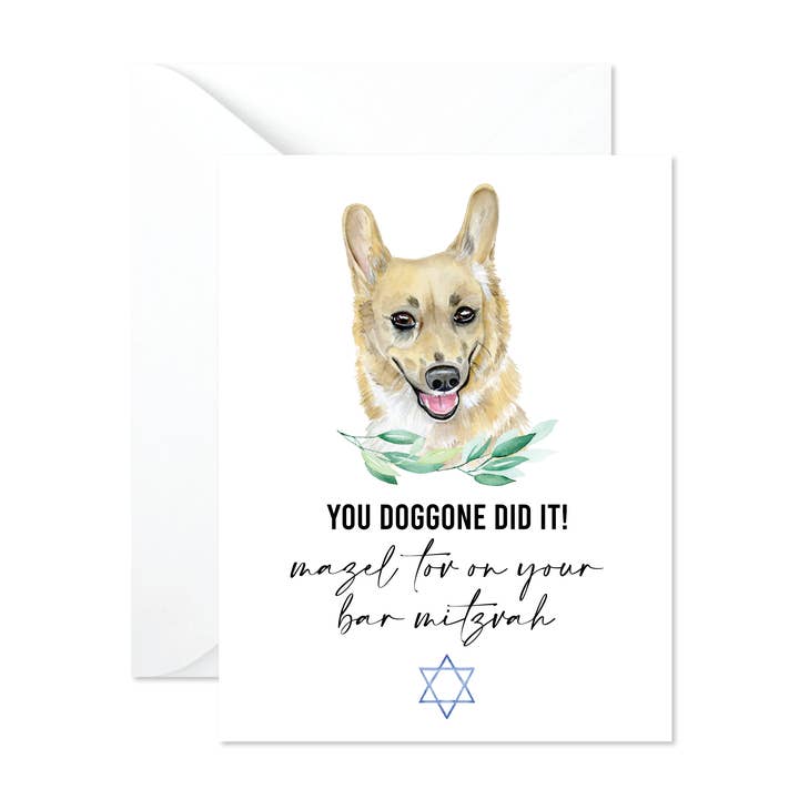 Slate + Brush Design Studio - Venta al por mayor Tarjetas de bar mitzvá o bat mitzvá - Tarjeta de bar y bat mitzvah de Corgi, tarjetas judías, mitzvá para perros1